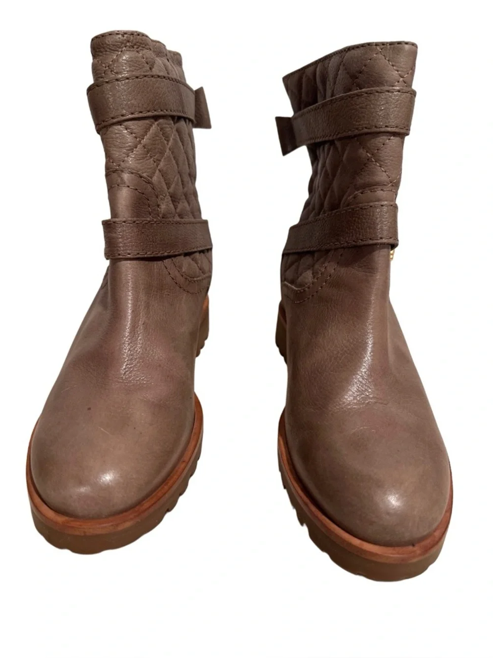 Kate Spade Samara Quilted Leather Moto Boots Taupe Brown Mousse Size 7M
